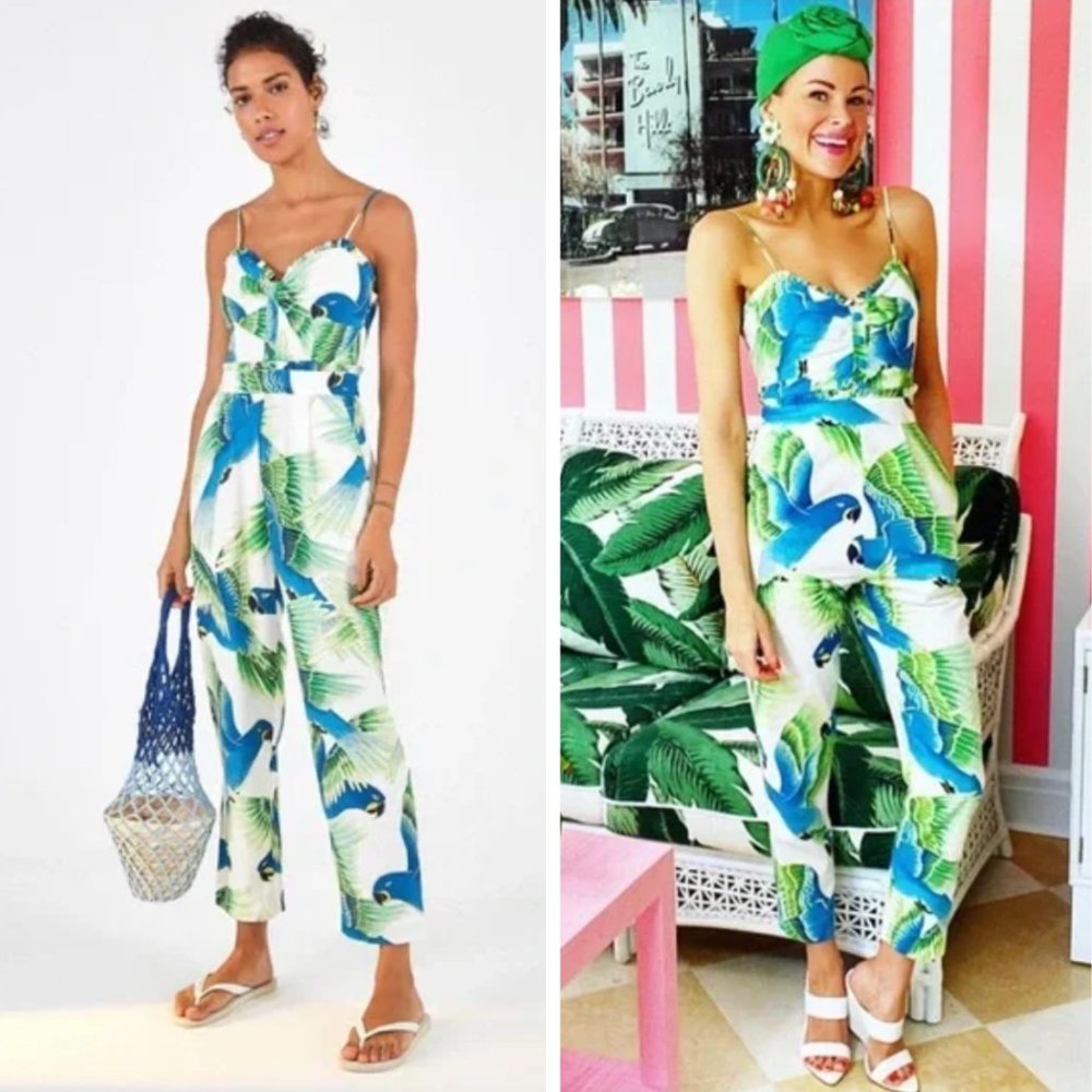 FARM Rio Araras Parrot Print Linen Blend Jumpsuit Blue White Tropical